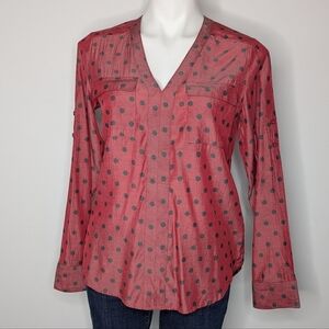 Express Red Black Polka Dot V Neck Satin Long Sleeve Blouse S